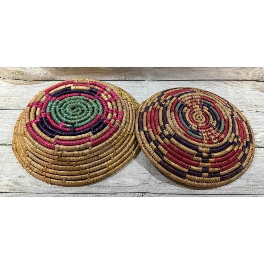 Lot of 2 Handwoven Coiled Basket Bowl Wall Decor BOHO Southwest